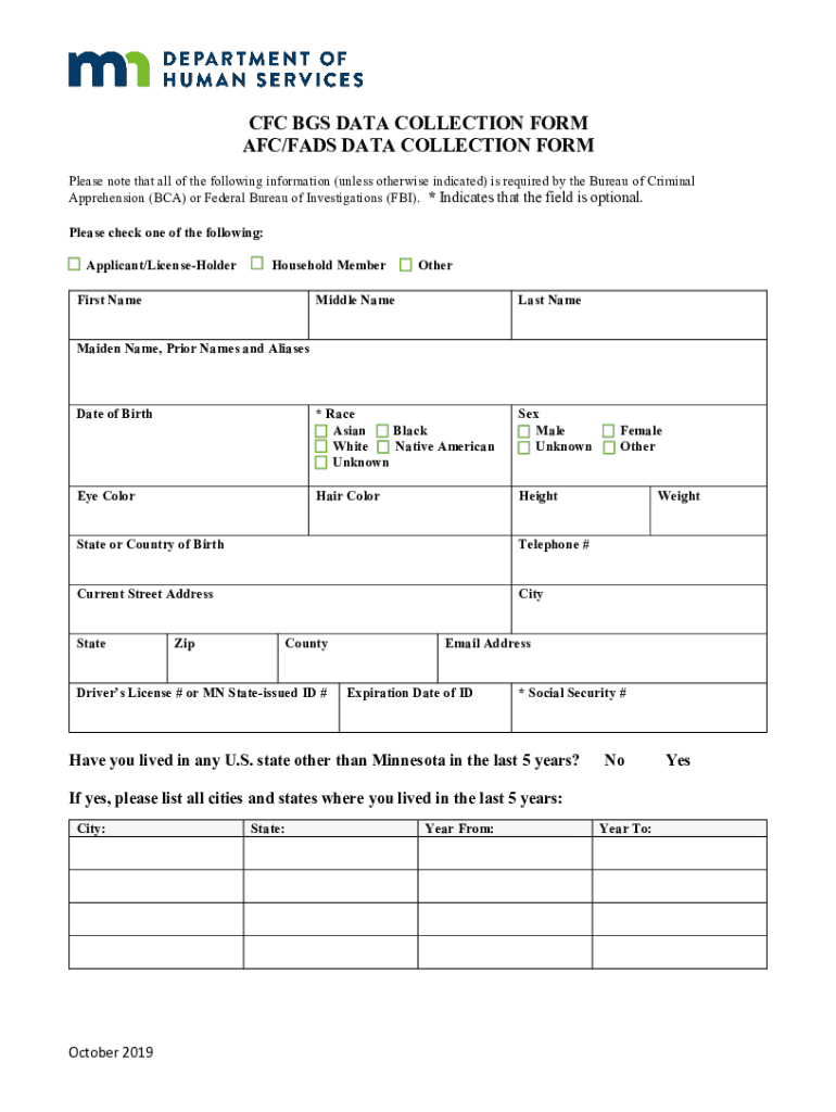 Northfieldretirement OrgassetsfilesCFC BGS DATA COLLECTION FORM AFCFADS DATA COLLECTION FORM