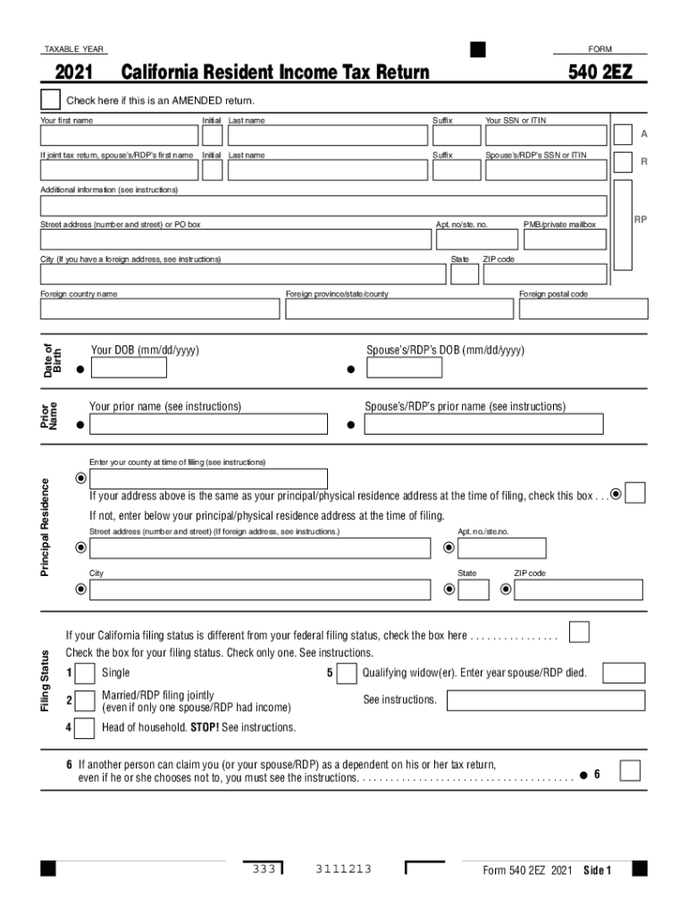  Form 540 2EZ California Resident Income Tax Return Form 540 2EZ California Resident Income Tax Return 2021