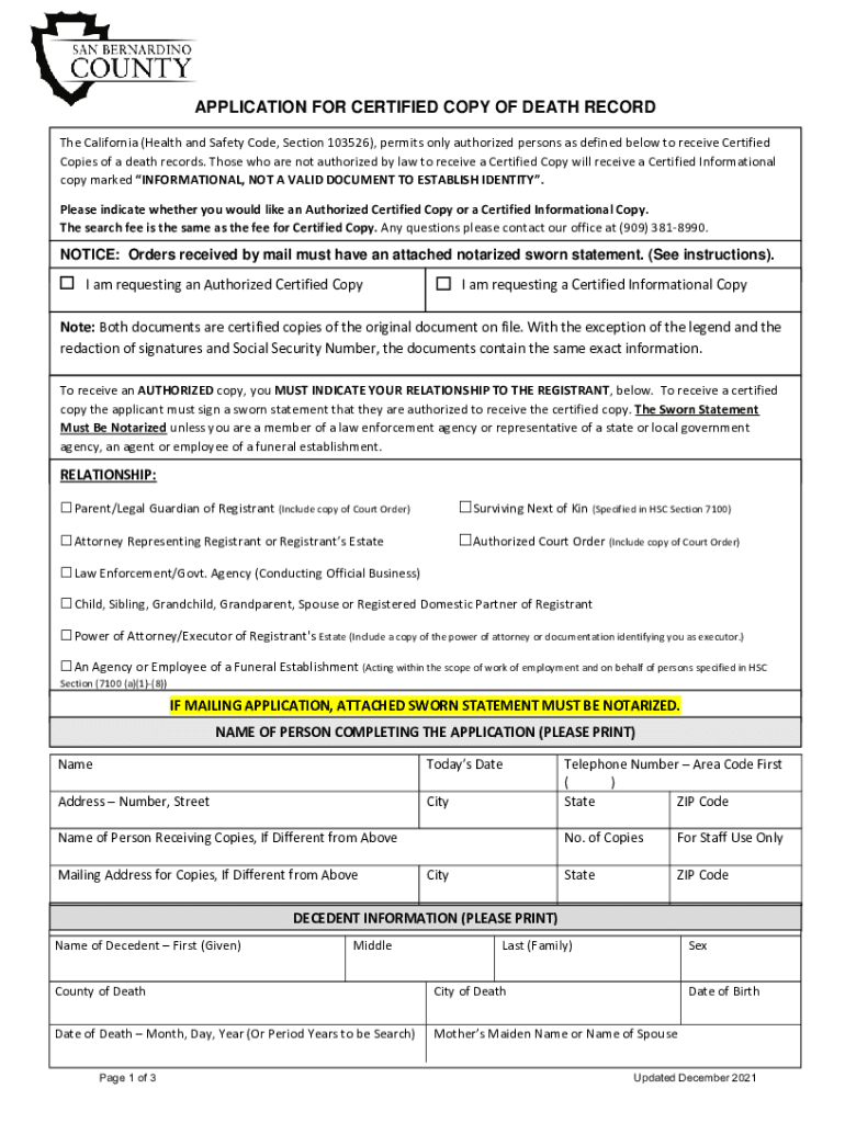 Www Placer Ca GovDocumentCenterViewAPPLICATION for CERTIFIED COPY of DEATH RECORD  Form