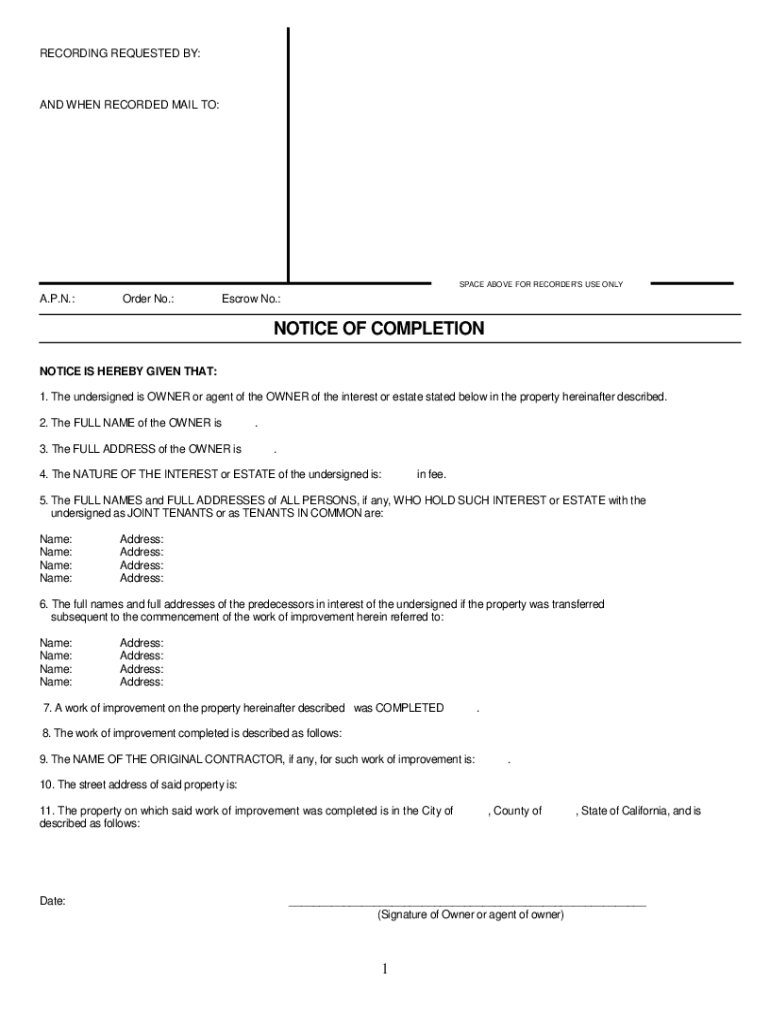  Notice of Completion Blank Form 29 2021-2024