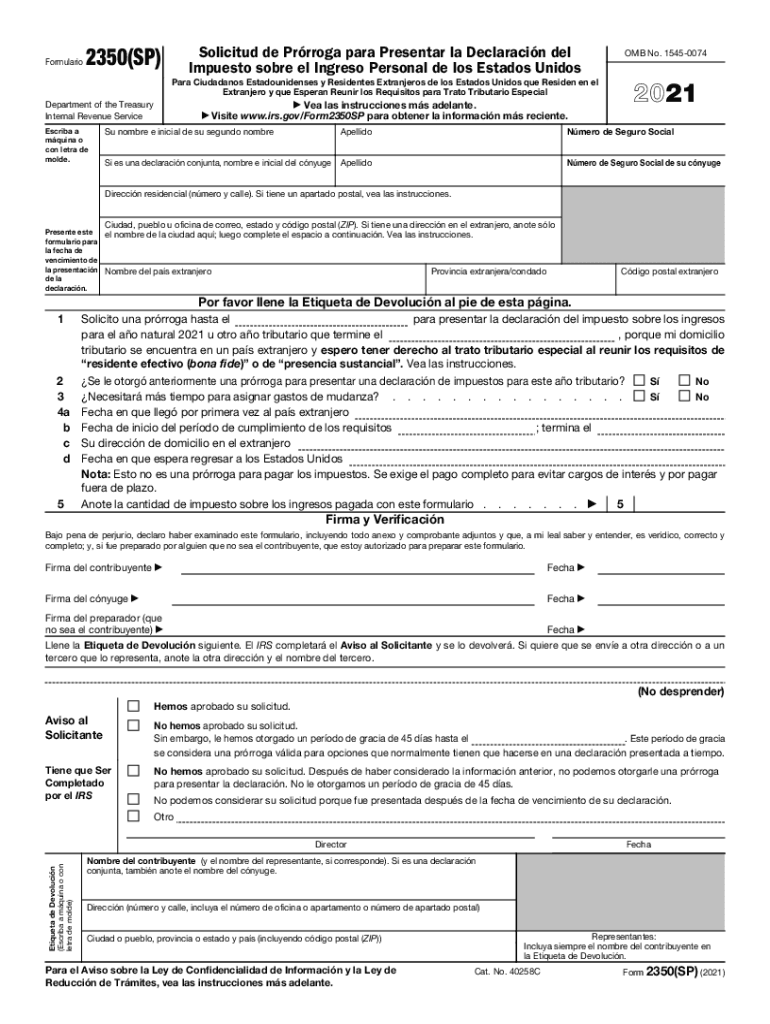  Form 2350SP Application for Extension of Time to File U S Income Tax Return Spanish Version 2021