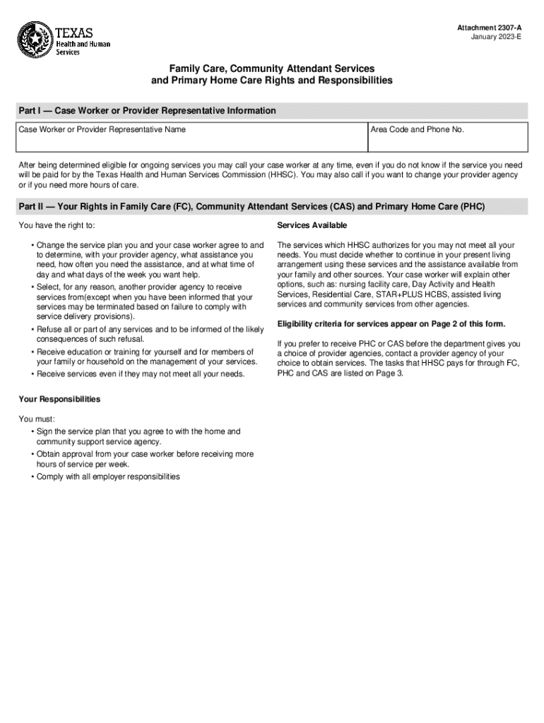 Attachment 2307 A, Family Care, Community Attendant Services and Primary Home Care Rights and Responsibilities Attachment 2307 a  Form