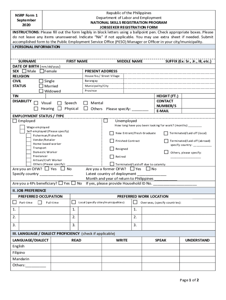  National Skills Registration Program Form Forms Philippines 2020-2024