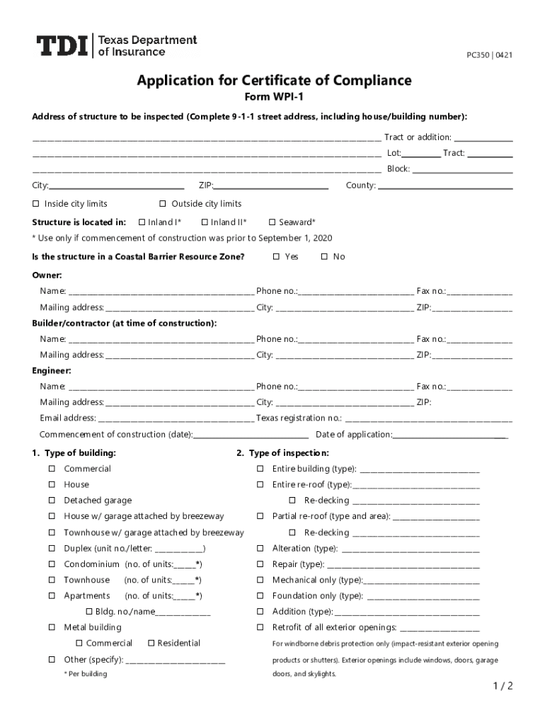 PC350 WPI 1 Application for Certificate of Compliance  Form