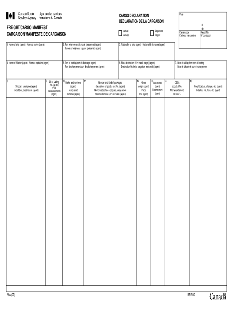 Customs Form A6A, Freight Cargo Manifest Moving to Canada Customs Form A6A, Freight Cargo Manifest