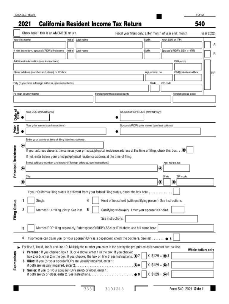  Form 540 California Resident Income Tax Return PDF 2021