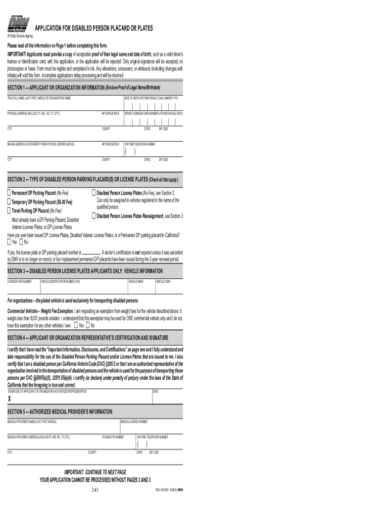  REG 195, Application for Disabled Person Placard or Plates Index Ready This Form is Used to Apply for Permanent, Temporary, and  2021-2024