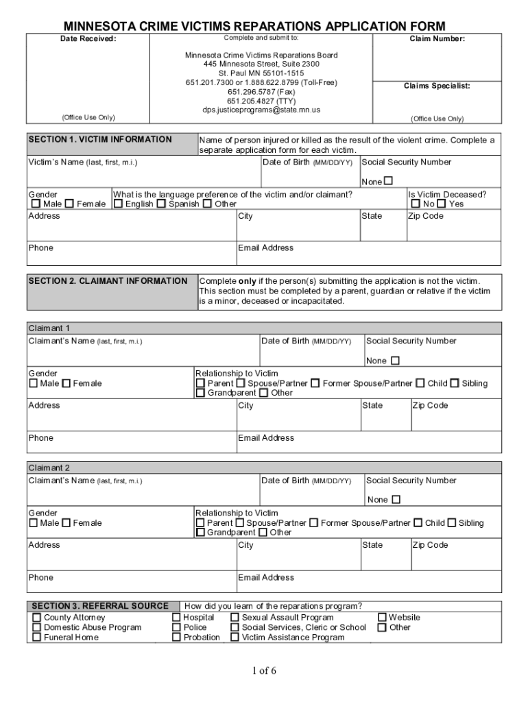  Www Co Wright Mn UsDocumentCenterViewMINNESOTA CRIME VICTIMS REPARATIONS CLAIM FORM 2020-2024