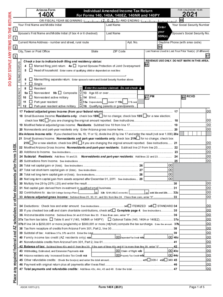 ARIZONA FORM Individual Amended Income Tax Return 140X 20YY