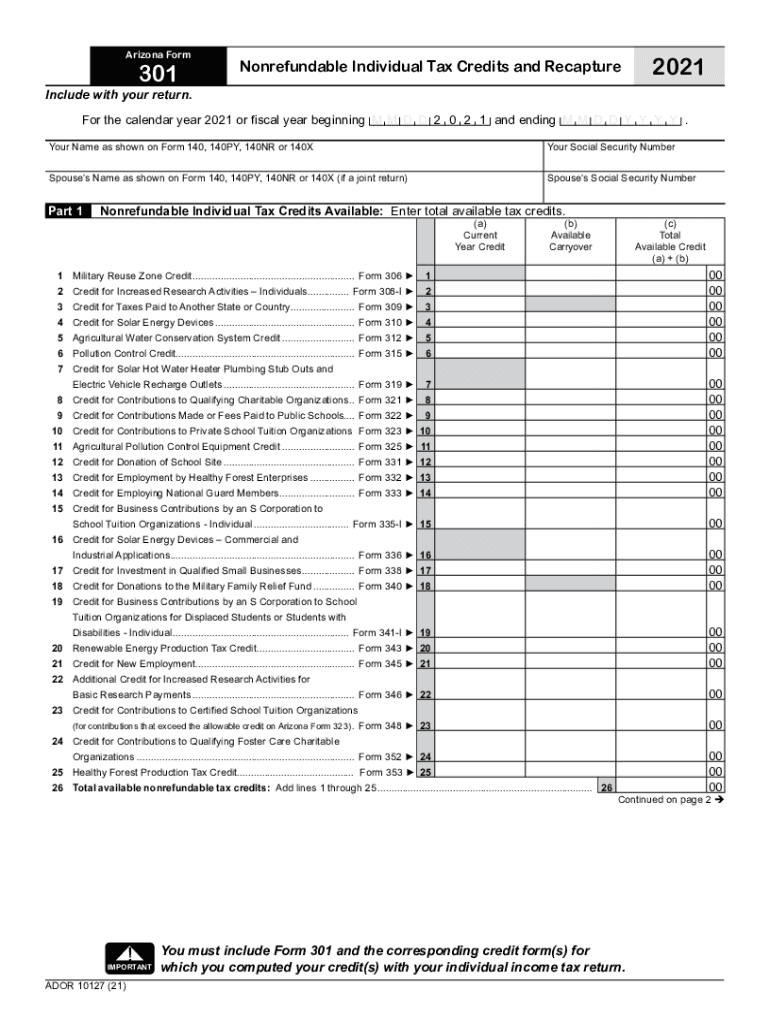  Arizona Form 301 Nonrefundable Individual Tax Credits and Arizona Form 301 Nonrefundable Individual Tax Credits and Arizona Form 2021