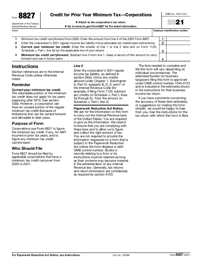 Form 8827 Credit for Prior Year Minimum TaxCorporations