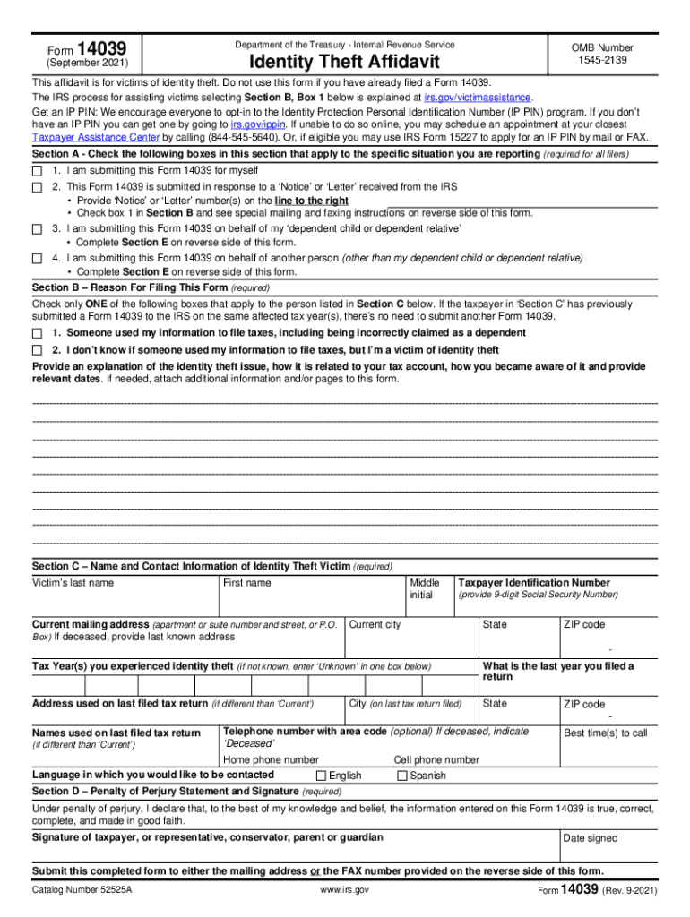  Form 14039 Rev 9 Identity Theft Affidavit 2021