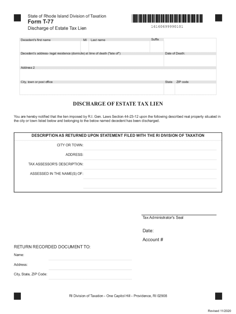  Tax Ri Govforms2020DISCHARGE of ESTATE TAX LIEN State of Rhode Island 2020-2024