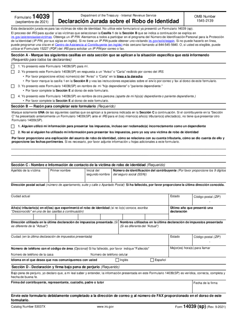  Form IRS 14039 SP Fill Online, Printable, Fillable 2021