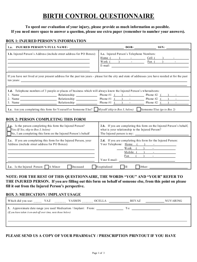 AL Salter Ferguson Birth Control Questionnaire  Form