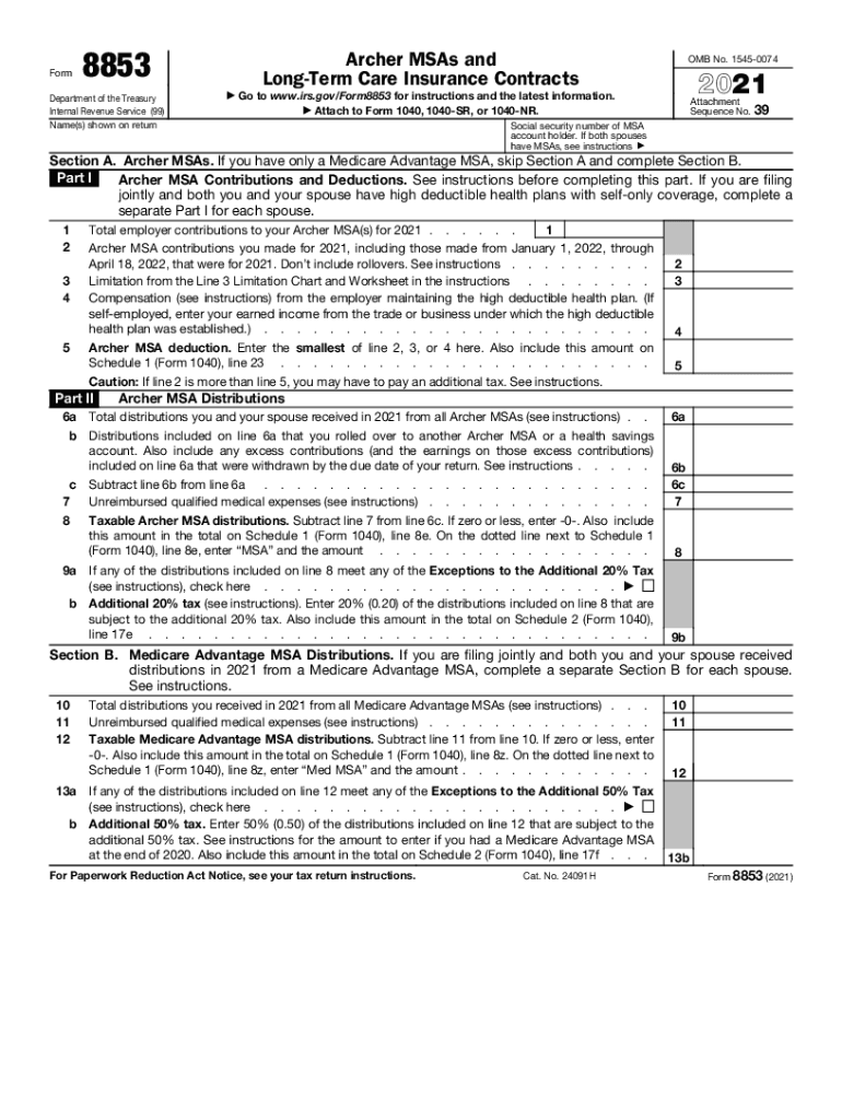  Form 8853 Archer MSAs and Long Term Care Insurance Contracts 2021