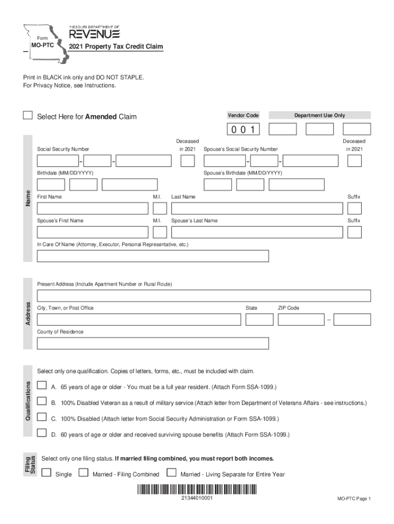 MO PTC Property Tax Credit Claim  Form