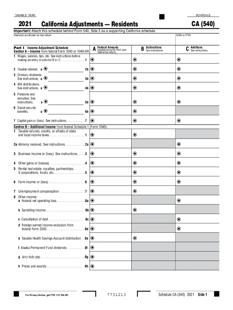  Schedule CA 540 California Adjustments Residents Schedule CA 540 California Adjustments Residents 2021