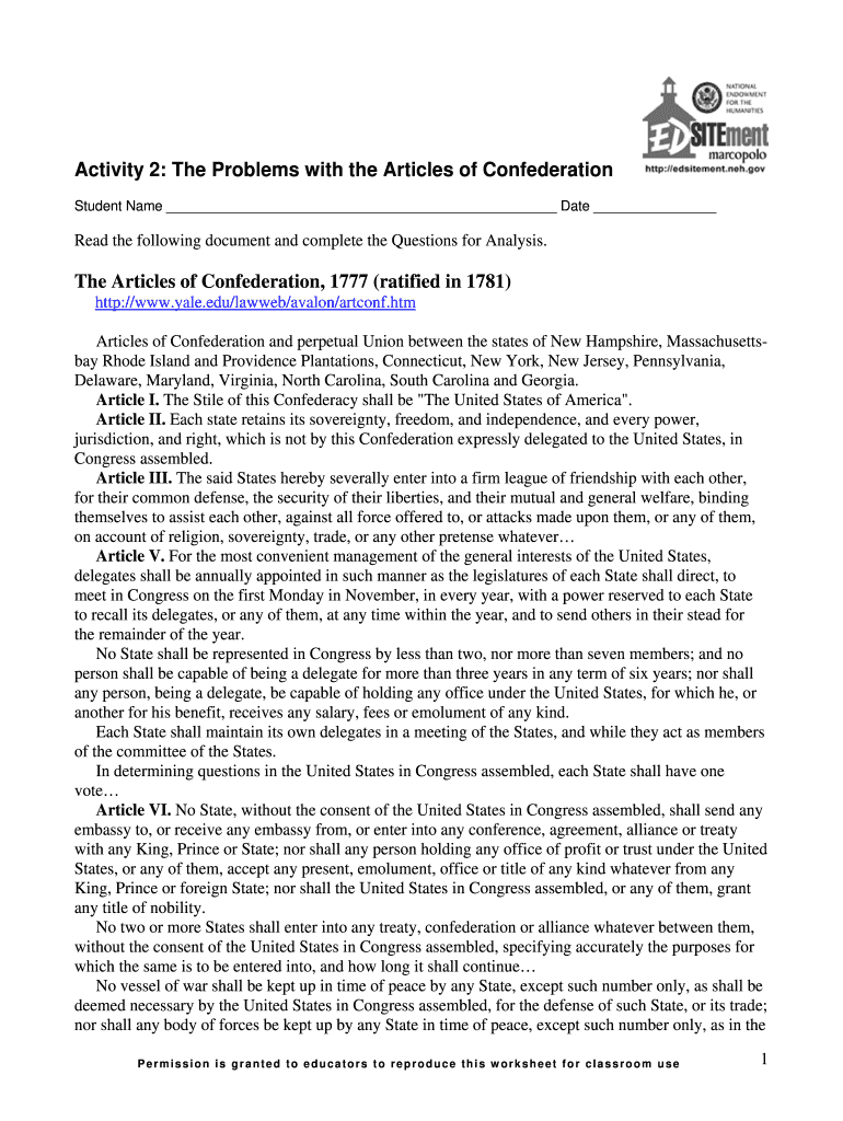 Articles of Confederation Vs Constitution Worksheet  Form