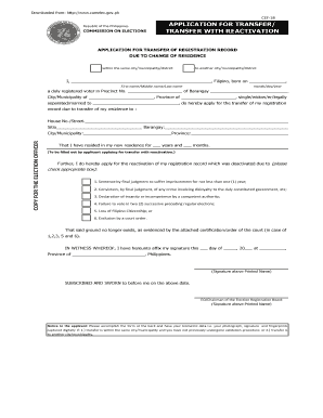 Comelec Online Registration for Transfer  Form