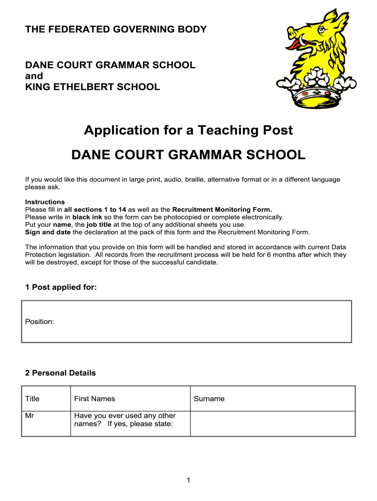 Teaching Application Form DOC  Danecourt Kent Sch