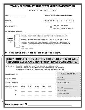 YEARLY ELEMENTARY STUDENT TRANSPORTATION FORM