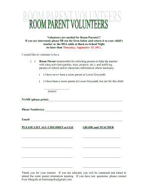 Room Parent Volunteer Form DOC Wsdweb