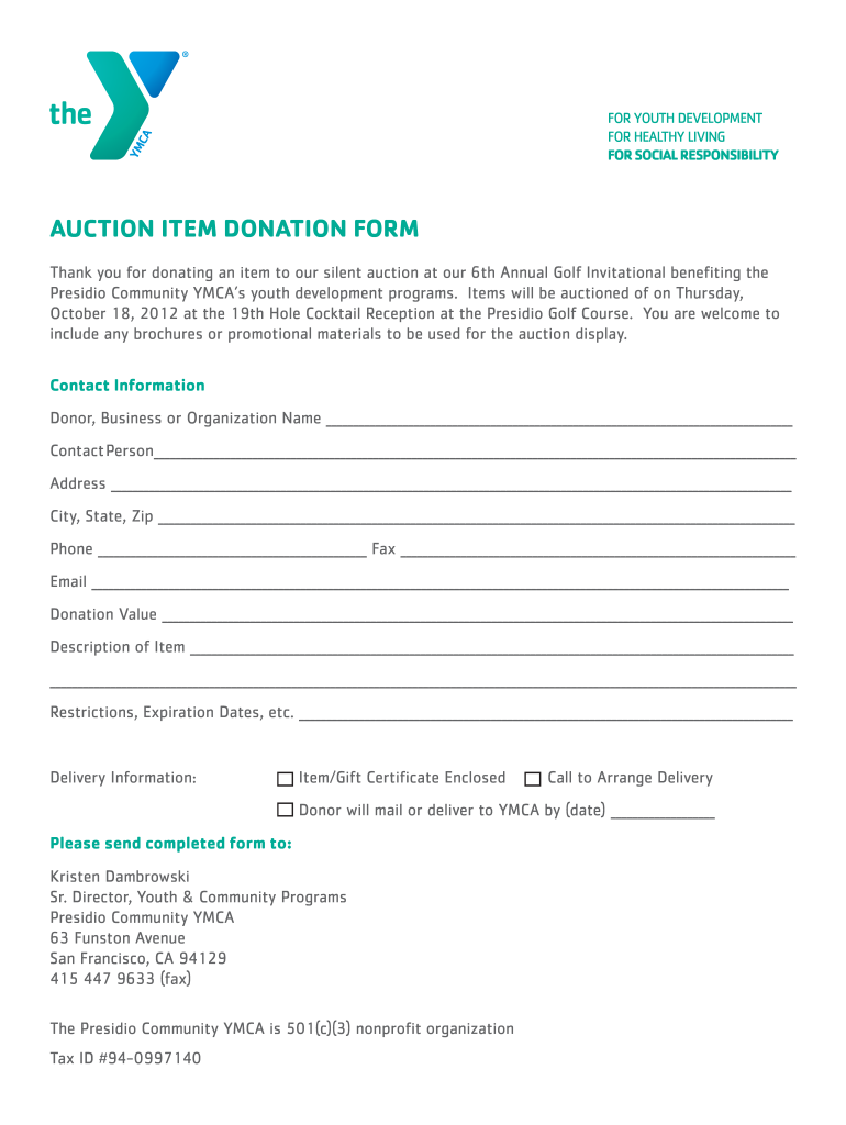  AUCTION ITEM DONATION FORM YMCA Ymcasf 2012