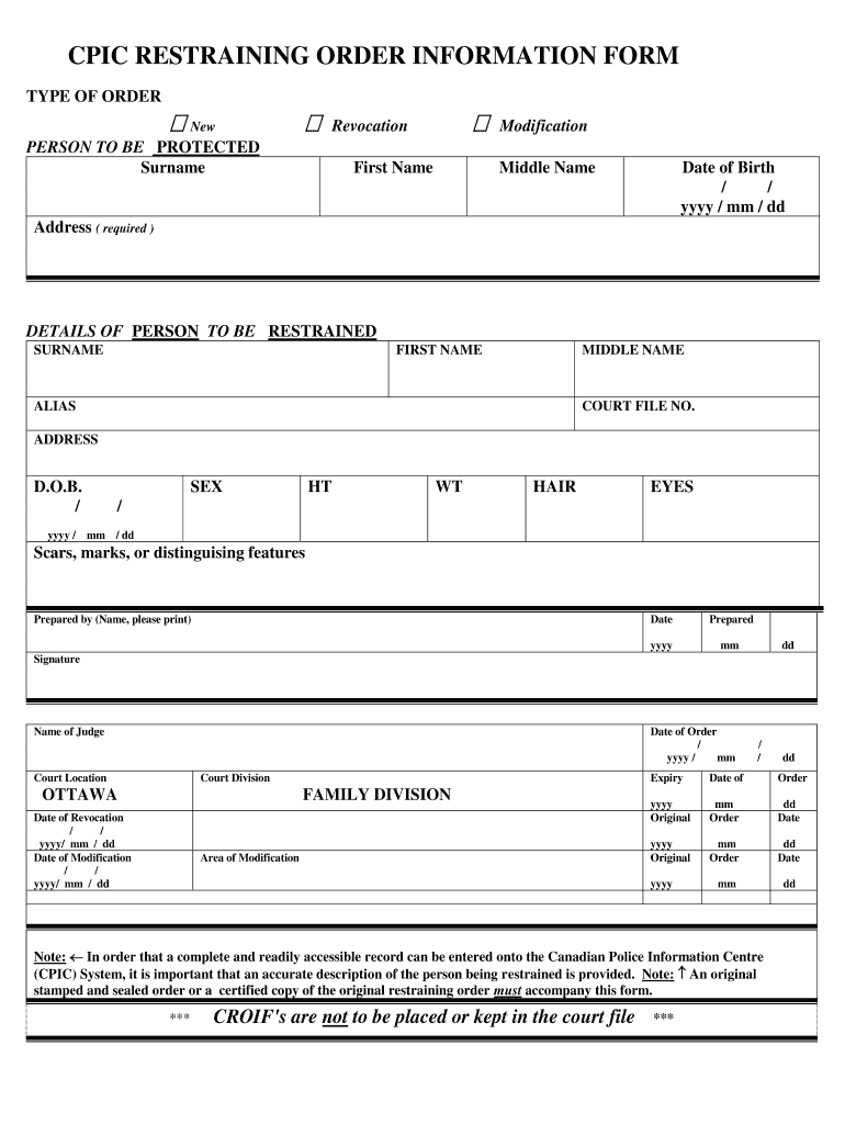 Cpic Restraining Order Information Form