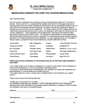 Over the Counter Medication Consent Form St John&amp;#39;s Military School Sjms