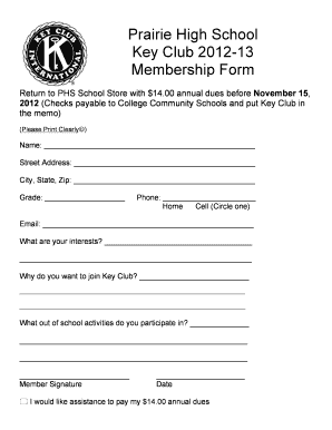 Prairie High School Key Club 13 Membership Form