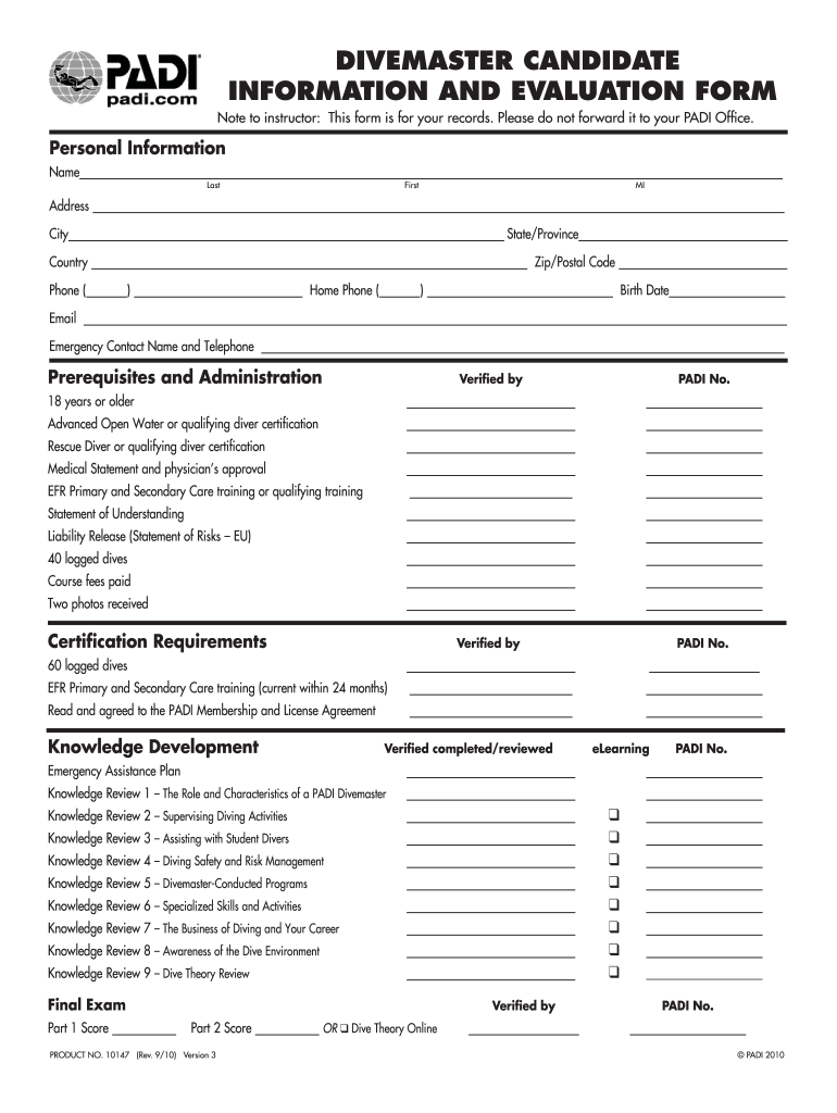 DIVEMASTER CANDIDATE INFORMATION and EVALUATION FORM