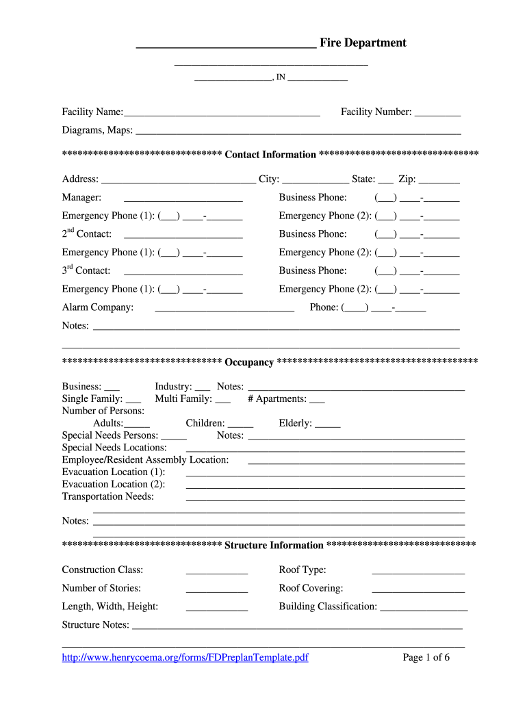 Fire Department Pre Plan Template  Form