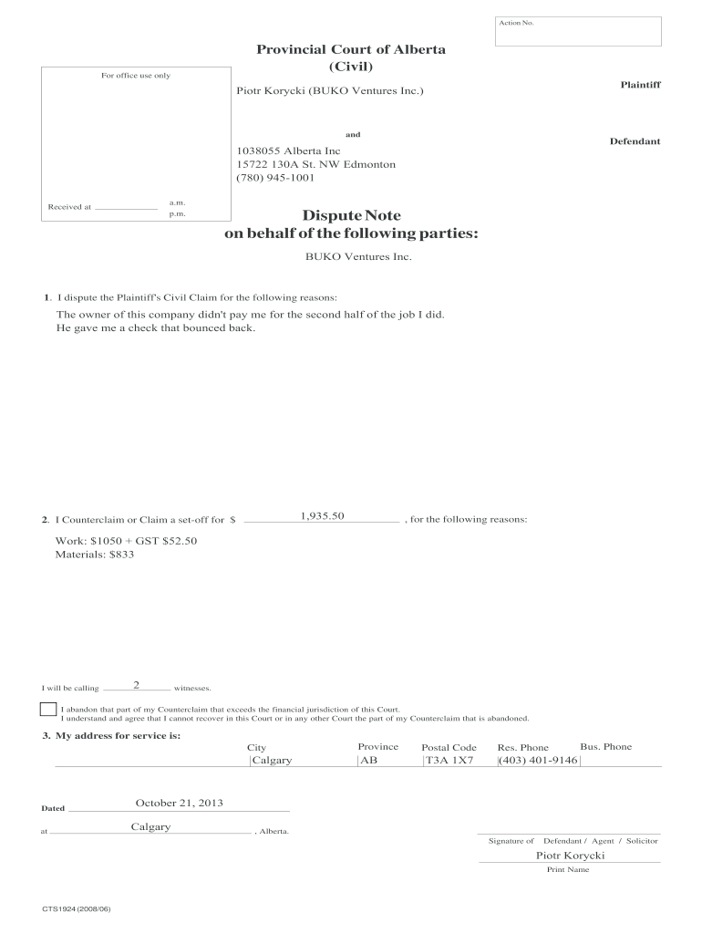 Dispute Note Alberta  Form