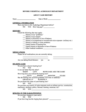 AUDIOLOGY Adult Case History Form Beverly Hospital