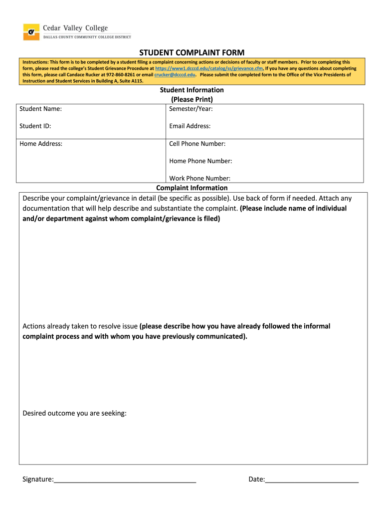 STUDENT COMPLAINT FORM  Cedar Valley College  Cedarvalleycollege