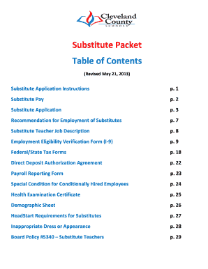 Substitute Packet Table of Contents Cleveland County Schools  Form