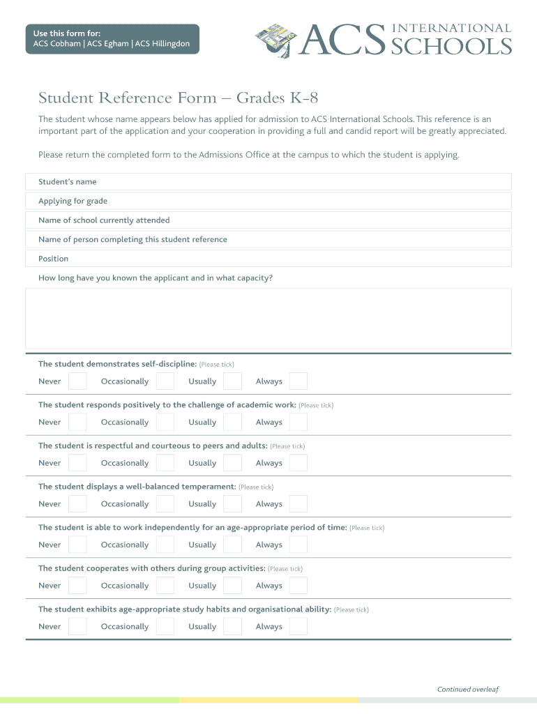 Student Reference Form Grades K 8 ACS International Schools