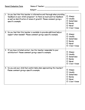 Parent Evaluation Form Name of Teacher Subject 1 Do You Freirecharterschool