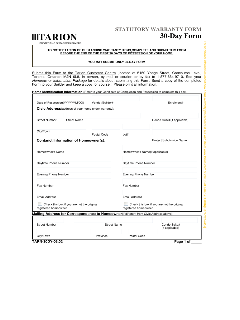  Tarion 30 Day Form 2003-2024