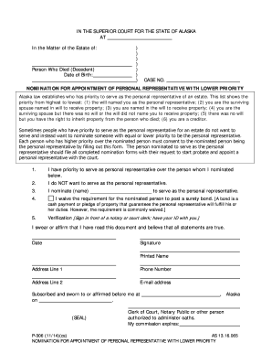 P 306 Nomination for Appointment of Personal Representative with Lower Priority 11 14 Fill in Probate Forms