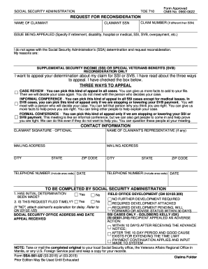 0960 0622 TOE 710 SOCIAL SECURITY ADMINISTRATION REQUEST for RECONSIDERATION NAME of CLAIMANT CLAIMANT SSN Do Not Write in This   Form