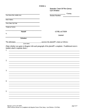 Nj Superior Court Answer Form