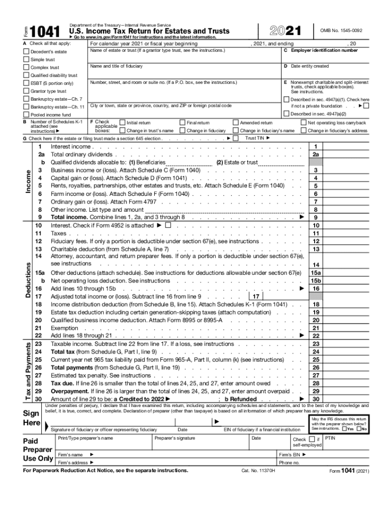  F1041 PDF Form 1041 Department of the TreasuryInternal 2021