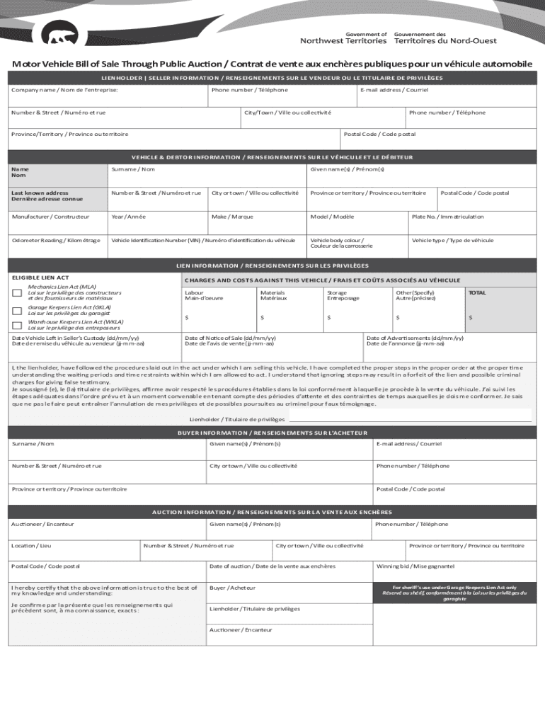 Motor Vehicle Bill of Sale through Public Auction 2021-2025