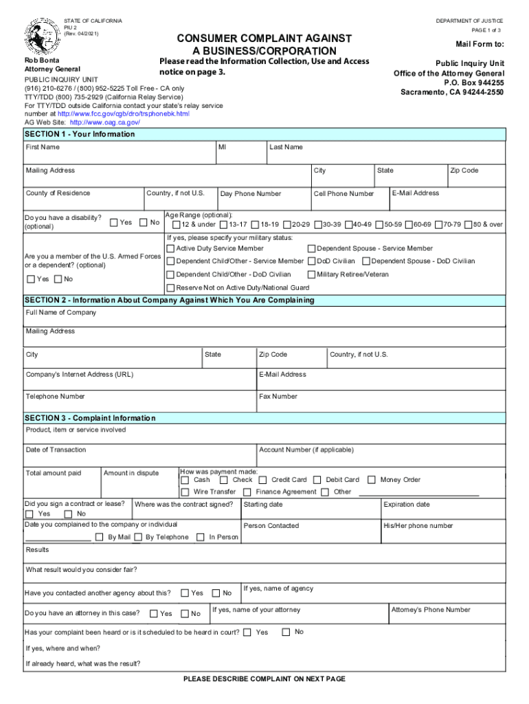 PDF CONSUMER COMPLAINT AGAINST a BUSINESSCORPORATION  Form