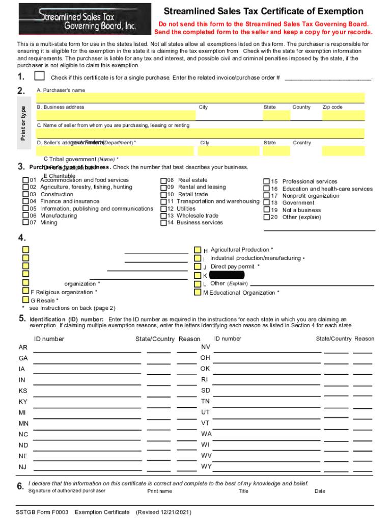  Streamlined Sales and Use Tax Agreement Certificate of Exemption Streamlined Sales and Use Tax Agreement Certificate of Exemptio 2021-2024