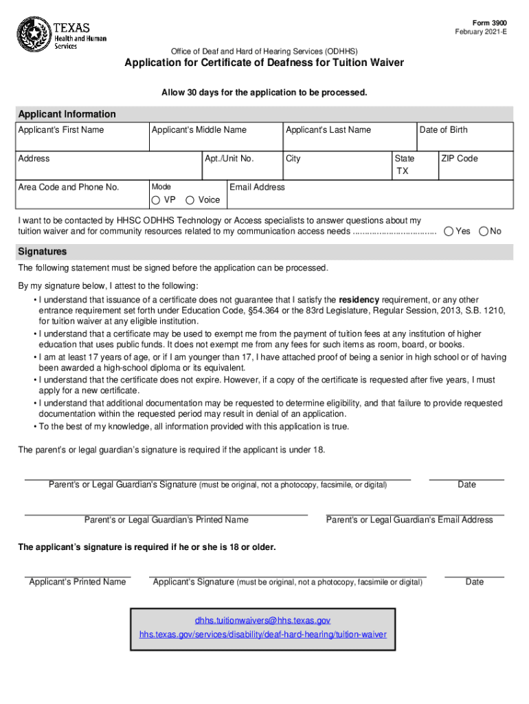  PDF Form 3900, Application for Certificate of Deafness for Tuition Waiver 2021-2024