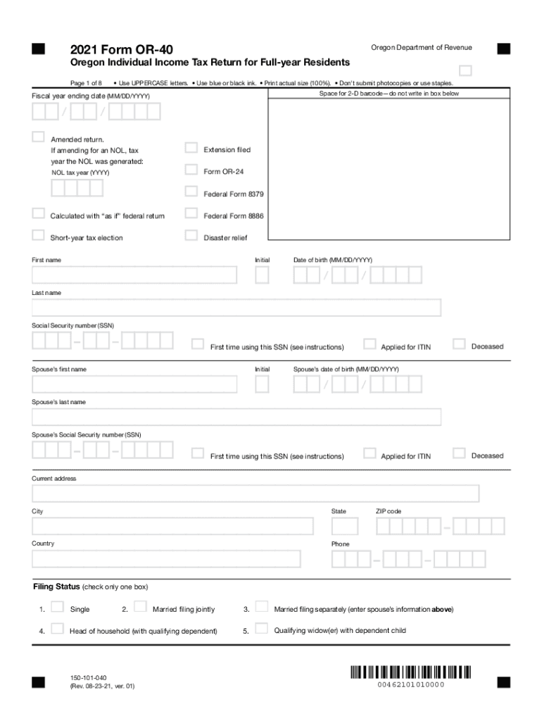  Form or 40, Oregon Individual Income Tax Return for Full 2021