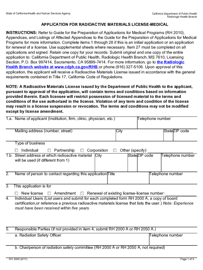Application for Radioactive Materials License Medical RH  Form
